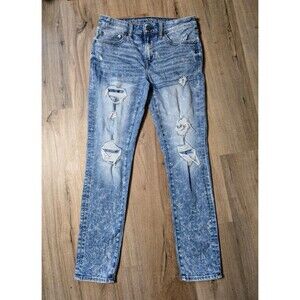 American Eagle Mens Distressed Patched Skinny Jeans Acid Wash Stretch Size 32X31